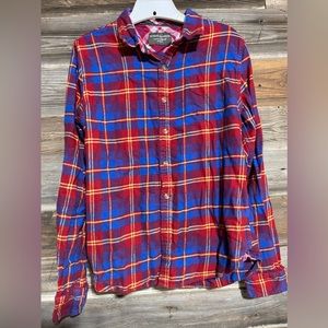 Hudson & Barrow mountain flannel mens large plaid button up shirt red blue